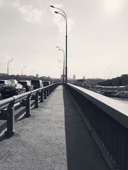 Kiev, Ukraine - April 04, 2017: Empty road on a bridge in the big city without people