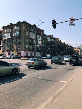 Kiev, Ukraine - April 04, 2017: Traffic in a big city on a bridge cityscape