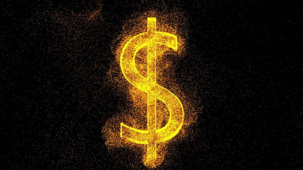 Dollar sign from gold particles. Digital background. 3d rendering