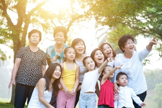 Large group of joyful Asian multi generations family portrait, grandparent, parent and children, outdoor nature park in morning with sun flare.