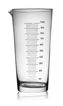 Big glass beaker graduated rotated isolated on white background