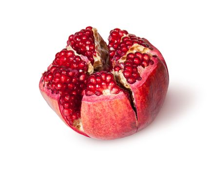 Broken Bright Ripe Delicious Juicy Pomegranate Isolated On White Background