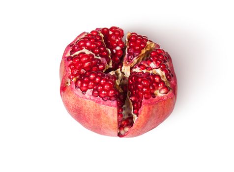 Broken Bright Ripe Delicious Juicy Pomegranate Top View Isolated On White Background