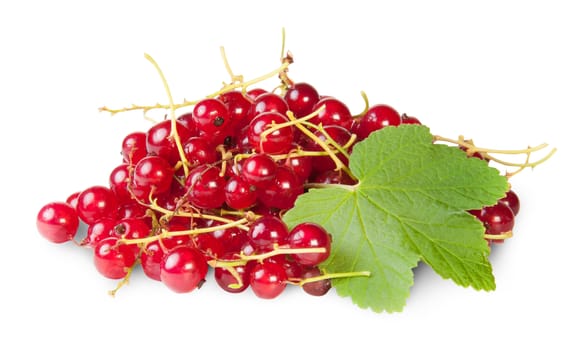 Bunch Of Red Currants With Currant Leaves Isolated On White Background