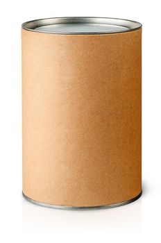 Cardboard tube with metal lids vertically isolated on white background
