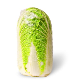 Chinese cabbage packed into polyethylene isolated on white background