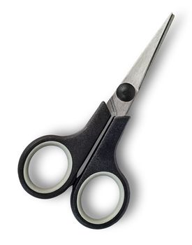 Closed small scissors with black handles isolated on white background