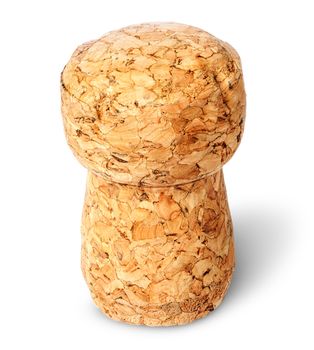 Closeup of champagne cork vertically top view isolated on white background
