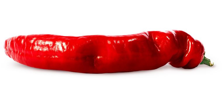Closeup of red hot chili peppers lying isolated on white background