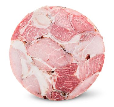 Cut slice of ham isolated on white background