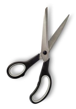 Disclosed big scissors with black handles isolated on white background