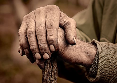 Dramatic photo of an elderly man hand holding a staff