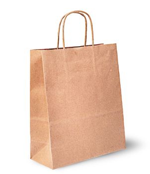 Empty open brown paper bag for food vertically isolated on white background