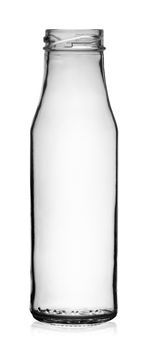 Empty transparent glass bottle without lid isolated on white background
