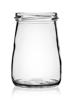 Empty glass jar without cap isolated on white background
