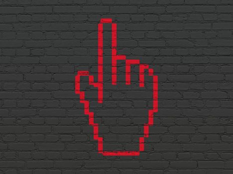 Social network concept: Painted red Mouse Cursor icon on Black Brick wall background