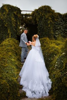 Newlyweds on a walk in the summer day wedding