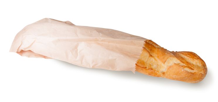 French baguette in a paper bag  isolated on white background