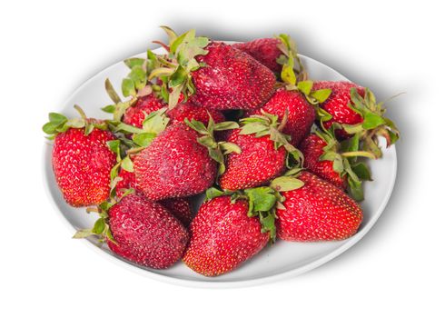 Front and top pile of fresh strawberries on white plate isolated on white background