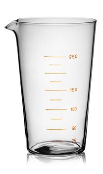 Glass beaker graduated rotated isolated on white background