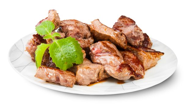 Grilled Meat On A White Plate Served With Mint Leaf Isolated On White Background