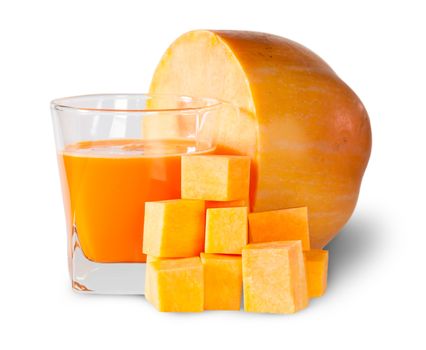 Half Pumpkin And A Glass Of Pumpkin Juice Isolated On White Background