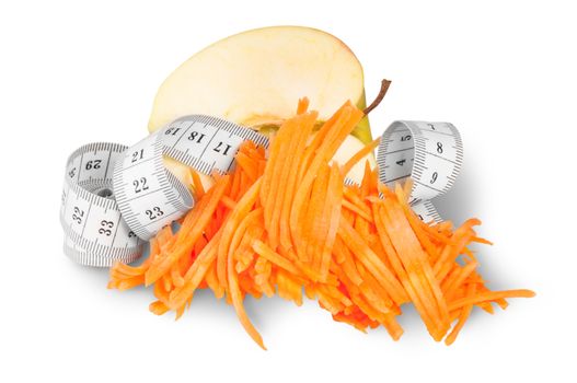 Half An Apple With Grated Carrots And Sewing Measuring Isolated On White Background