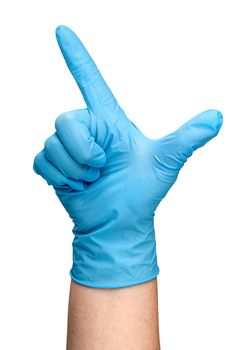 Hand in blue latex glove showing two fingers vertically isolated on white background