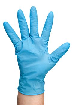 Hand in blue latex glove isolated on white background