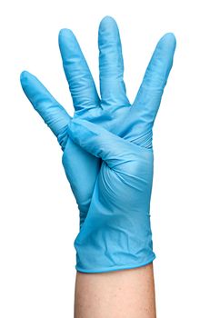 Hand in blue latex glove showing four fingers isolated on white background