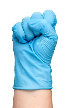 Hand in latex glove clenched into a fist isolated on white background