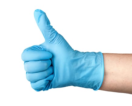 Hand in rubber glove thumb up isolated on white background