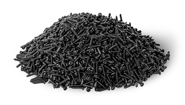 Heap of screws top view isolated on white background