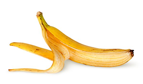 In front banana skin deployed horizontally isolated on white background