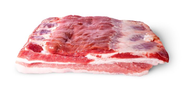 In front big piece bacon isolated on white background