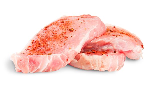 Heap Of Three Pieces Of Raw Pork With Spices Isolated On White Background