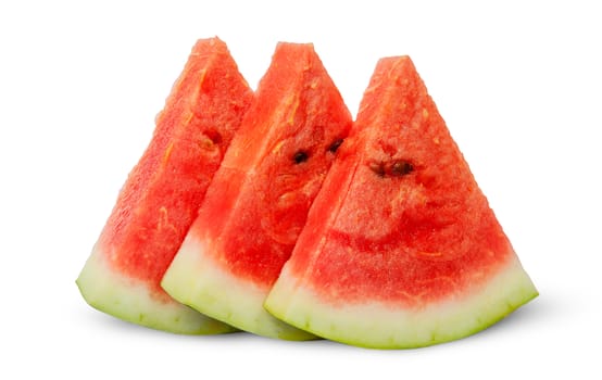 In front threel slices of watermelon stacked ladder isolated on white background