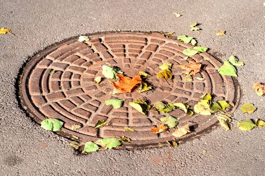 Closeup of a manhole under a colorful dry autumn leaves