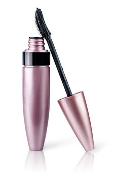 Mascara brush wand applicator tilted pink isolated on white background