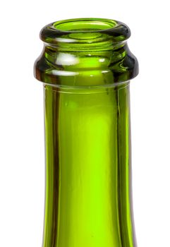 Neck of green bottle of champagne isolated on white background
