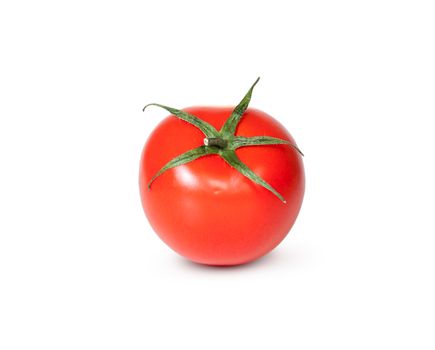 One Fresh Red Tomato With Green Stem Isolated On White Background