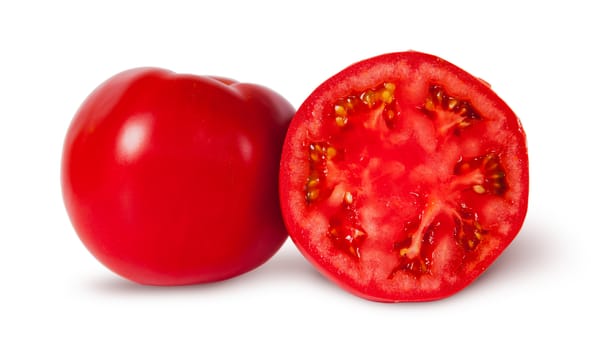 One and a half ripe juicy red tomatoes isolated on white background