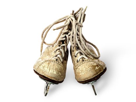 One pair of old skates female front view isolated on white background