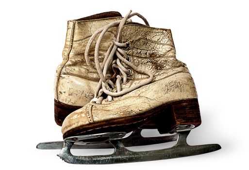 One pair of women skates are towards each other isolated on white background