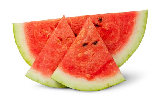 One piece and two segments of ripe watermelon isolated on white background