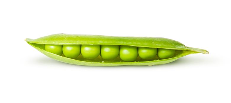Opened pea pod green sugar isolated on white background