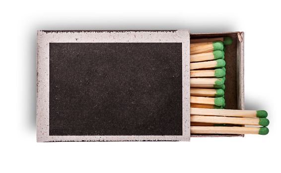 Open box of matches top view isolated on white background