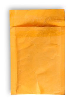 Open used yellow envelope top view isolated on white background