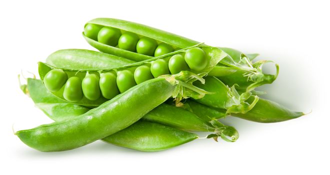 Pile green peas in pods isolated on white background