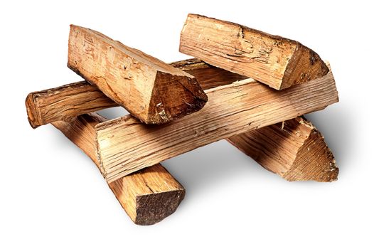 Pile of firewood stacked at each other isolated on white background